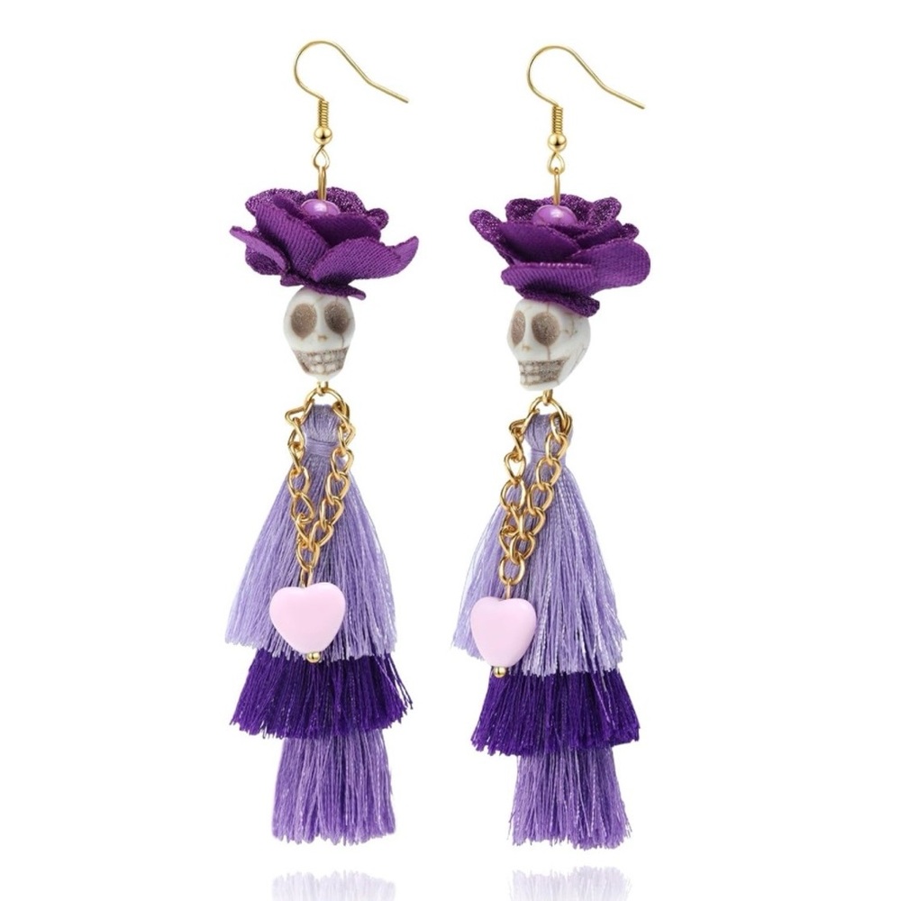 Purple and Gold Skull Tassel Earrings
